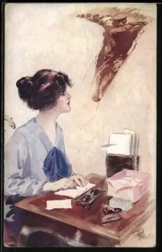 Künstler-AK Tom Peddie: Frau schreibt einen Brief an ihren Mann im Krieg