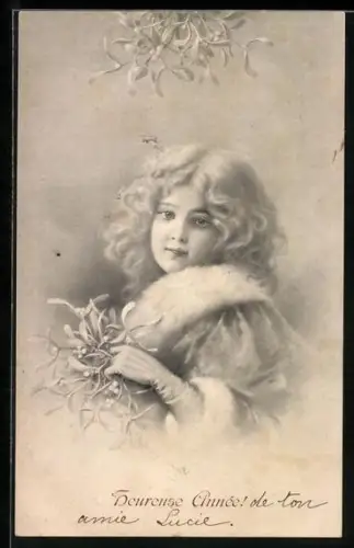 Künstler-AK Wichera: Mädchen in einem Pelz hält einen Mistelzweig