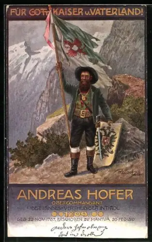 Künstler-AK F.A.C.M. Reisch: Andreas Hofer mit Flagge und Schild in den Tiroler Alpen