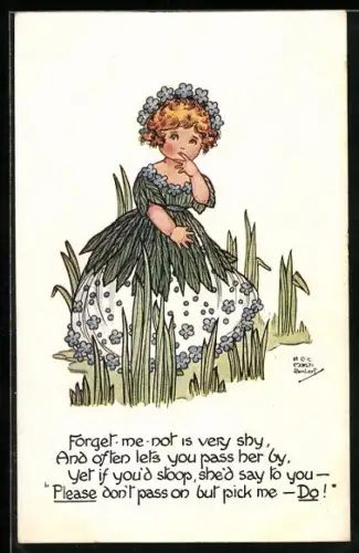 Künstler-AK H. G. C. Marsh-Lambert: Schüchternes Mädchen im Vergissmeinnicht-Kleid