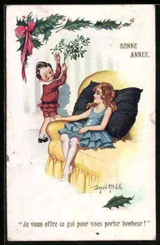 Künstler-AK Donald McGill: Zwei Kinder feiern Neujahr, Stechpalme und Mistelzweig