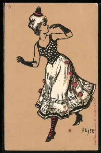 Künstler-Päge-AK sign. Heyer: Fasching, eine junge Frau im Ballkleid mit Handschuhen und Hütchen