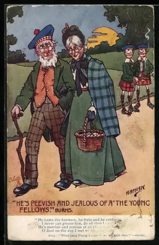 Künstler-AK Hamish: Älteres schottisches Paar bei einem Spaziergang