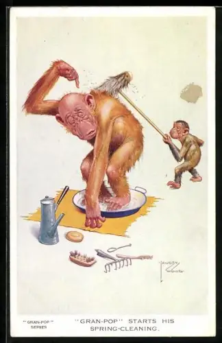 Künstler-AK Lawson Wood: Grosser Affe lässt sich von einem kleineren beim Waschen helfen, vermenschlichte Tiere