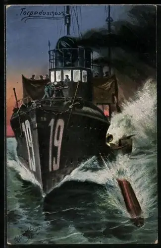 Künstler-AK Torpedoschuss, Kriegsschiff