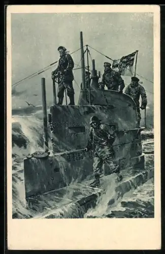 Künstler-AK Stoewer: Kommandoturm eines U-Bootes während unruhiger See, Kriegsfahne