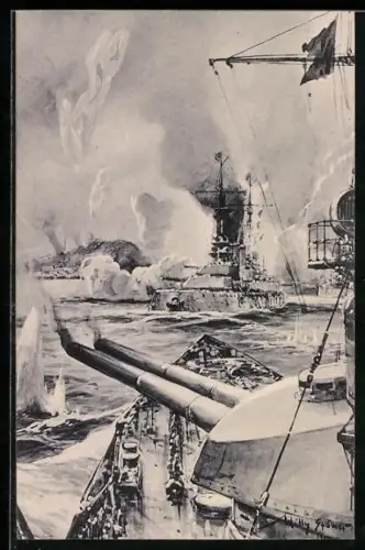 Künstler-AK Willy Stoewer: Scarborough, Beschiessung der Stadt durch deutsche Kriegsschiffe