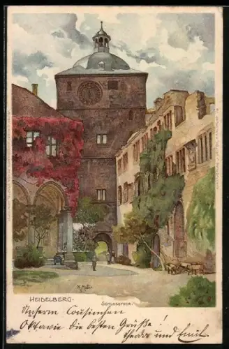 Künstler-AK K. Mutter: Heidelberg, Schlosstor mit Leuten