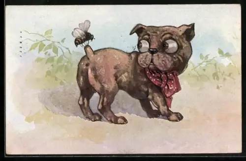 AK Kleiner Hund mit Biene auf dem Schwanz
