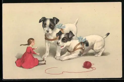 AK Zwei Terrier spielen mit einer Puppe