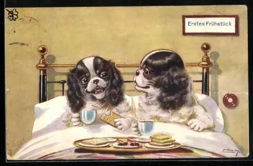 Künstler-AK Erstes Frühstück, Pekinesenpaar im bett