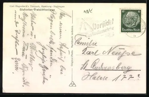 AK Hamburg-Stellingen, Carl Hagenbeck`s Tierpark, Elefenten-Freisichtanlage