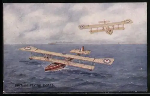 AK British Flying Boats, Wasserflugzeuge landen auf dem Meer