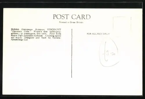AK Viscount Discovery Class Aeroplane, British European Airways, Flugzeug über den Wolken
