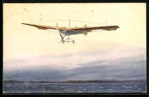 AK Latham in seinem Antoinette Flugzeug über dem Meer