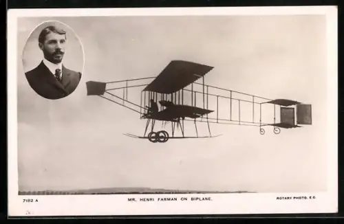 AK Mr Henri Farman on Biplane, Winner of the Grand Prix de Champagne, Flugzeug