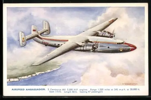 Künstler-AK Verkehrsflugzeug Airspeed Ambassador im Flug