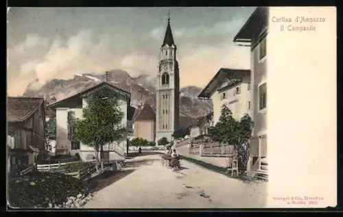 AK Cortina d`Ampezzo, Il Campanile, Kirche, Leute, um 1900