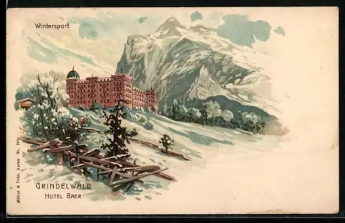 Lithographie Grindelwald, Hotel Baer im Schnee