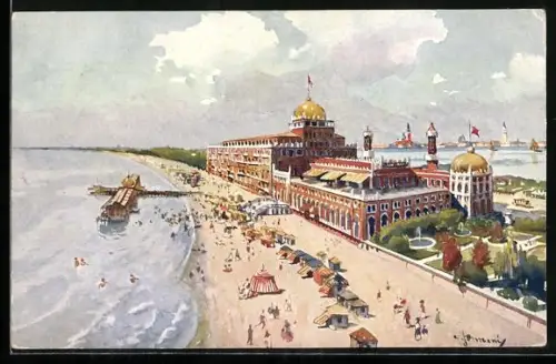 Künstler-AK Lido di Venezia, Grand Hotel Excelsior visto dal mare, Strandpartie