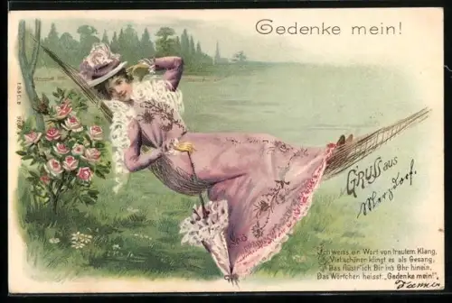 Lithographie Frau mit Schirm auf Hängematte, Rosenbusch am Baum