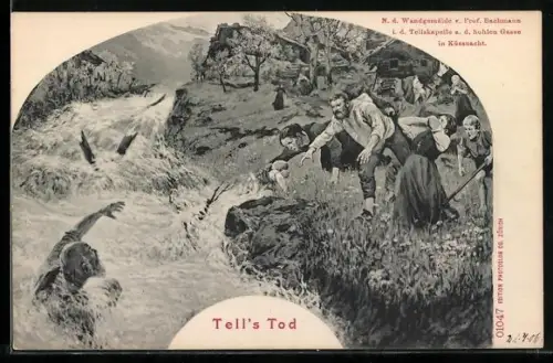 AK Küssnacht, Waldgemälde v. Prof. Bachmann i. d. Tellskapelle, Wilhelm Tell`s Tod