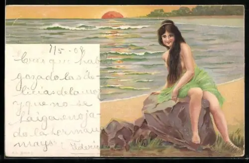 Lithographie Langhaarige Schönheit am Meer