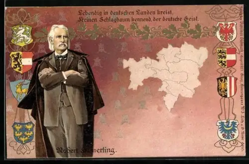 AK Robert Hamerling Lebendig in deutschen Landen kreist keinen Schlagbaum kennend, der deutsche Geist, Wappen