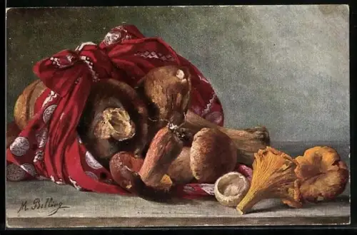 Künstler-AK M.Billing: Verschiedene Pilze, manche in ein Tuch eingewickelt