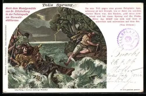 AK Wilhelm Tell, Tells Sprung, Tell tritt ein Boot von der Küste weg