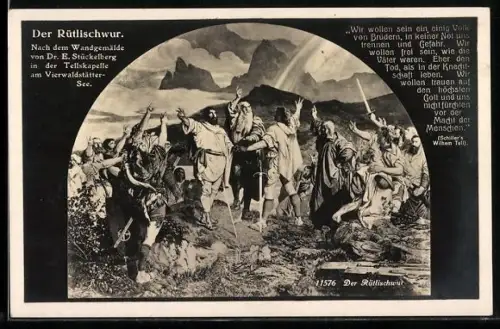 AK Wilhelm Tell, der Rütlischwur mit Zitat aus Schillers Wilhelm Tell