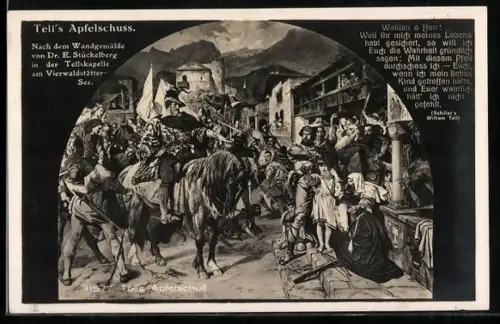 AK Wilhelm Tell, Tell`s Apfelschuss mit Zitat aus Schiller`s Wilhelm Tell