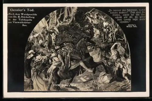 AK Vierwaldstätter See, Tellskapelle, Gesslers Tod, Wandgemälde