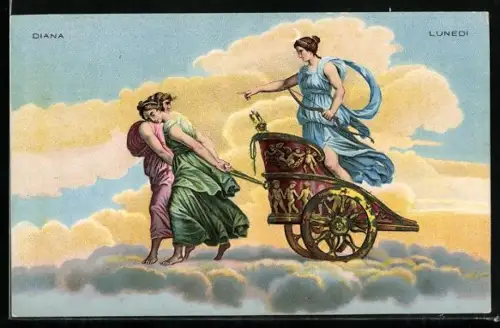 Künstler-AK Göttin Diana wird von jungen Frauen durch das Wolkenreich gezogen
