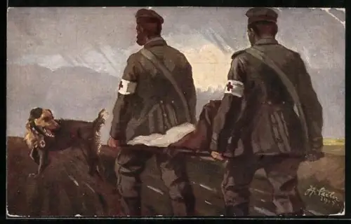 AK Ein vom Sanitätshund in einem vergessenen Geländewinkel entdeckter Schwerverwundeter auf dem Wege ins Feldlazarett
