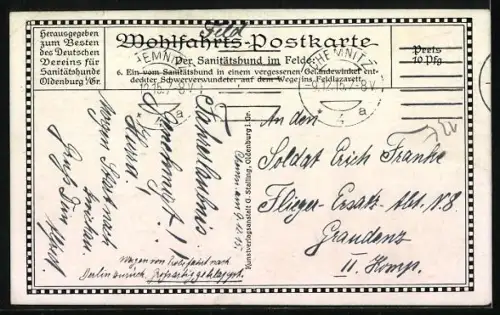 AK Ein vom Sanitätshund in einem vergessenen Geländewinkel entdeckter Schwerverwundeter auf dem Wege ins Feldlazarett