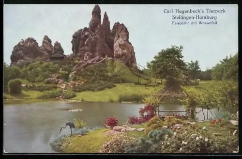 AK Hamburg-Stellingen, Carl Hagenbeck`s Tierpark, Felspartie mit Wasserfall