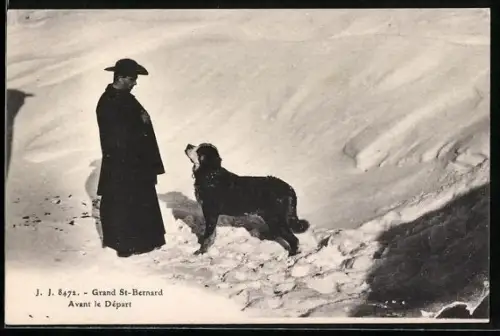 AK Hirte mit seinem Bernhardiner auf dem Grand St. Bernard