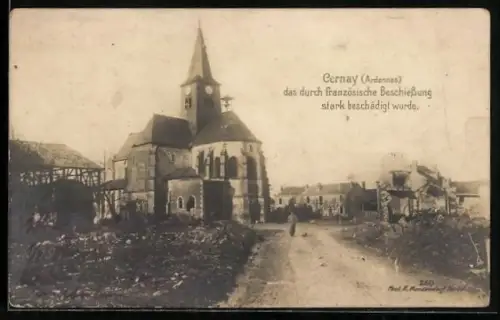 AK Cernay-en-Dormois /Ardennes, Durch französische Beschiessung beschädigte Kirche 1915