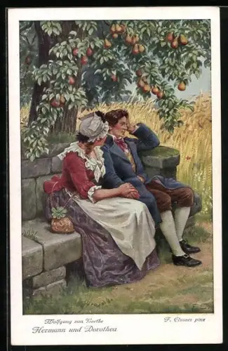 Künstler-AK sign. F. Elssner: Goethe, Hermann und Dorothea auf der Bank unterm Birnenbaum