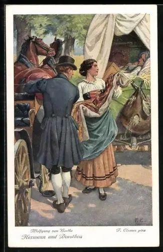 Künstler-AK F. Elssner: Goethe, Hermann und Dorothea, Frau blick in einen Planwagen mit kranker Mutter mit Kind
