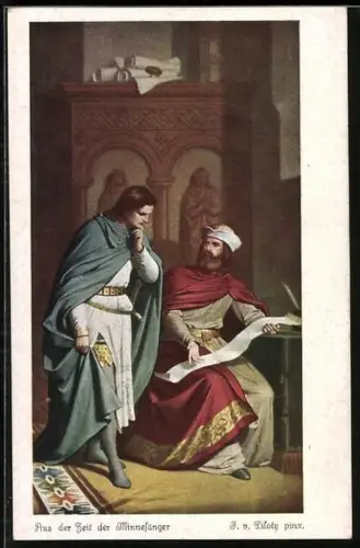 Künstler-AK sign. F. v. Piloty: Ritter bei einem Beamten