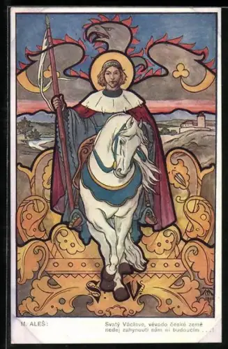 Künstler-AK sign. M. Ales: Reiter mit Speer