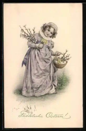 Künstler-AK H. Schubert: Mädchen mit Korb und Weidenzweigen