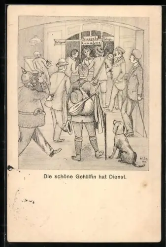 Künstler-AK Herren bei der Briefausgabe, Soldat mit Pickelhaube, Hund