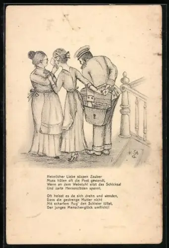 Künstler-AK H. Starkloff: Postmann übergibt einer jungen Frau heimlich einen Brief