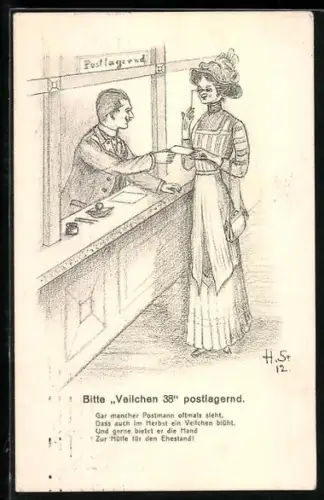 Künstler-AK H. Starkloff: Postmann hilft herbstlichem Veilchen bei der Eheanbahnung