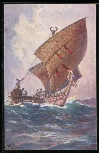 Künstler-AK Hans Bohrdt: Das letzte Boot von der Insel Agomes, Südsee, in stürmischer See