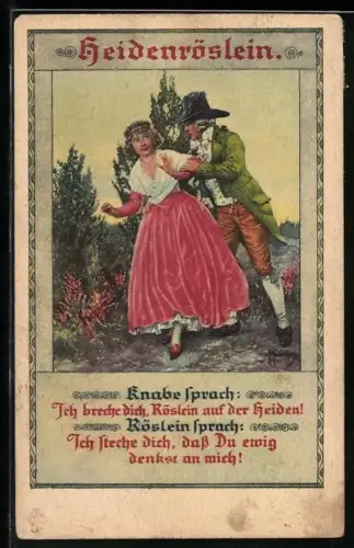 Künstler-AK Franz Kuderna: Szene aus d. Heidenröslein, Ich breche dich, Röslein auf der Heiden!