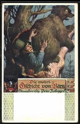Künstler-AK R. Assmann: Mann vertreibt Bären aus einer Baumhöhle